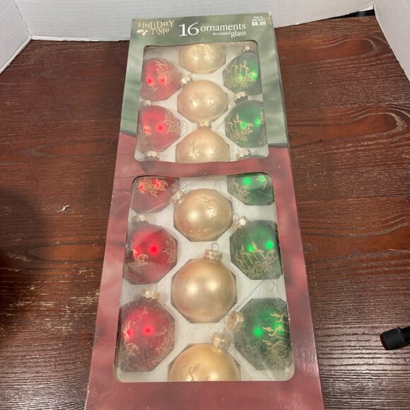 Vintage Time 16-Count Glass Christmas Ornaments Red Gold Green Glitter Candle De - Picture 4 of 4